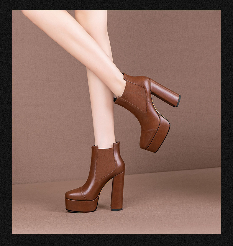 Boot nữ cổ thấp gót vuông da bò mũi vuông đế chống nước — Nâu (Gót Dày) 35691, Đen (Gót Dày) 35691, Đen (Gót Mỏng 35791), Nâu (Gót Mỏng 35791) chi tiết 6