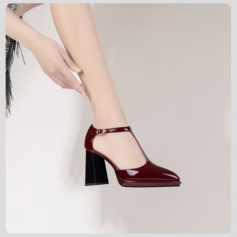Sandal cao gót nữ quai chữ T mũi nhọn gót vuông platform — Đen, Đỏ rượu chi tiết 19