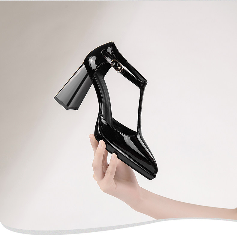 Sandal cao gót nữ quai chữ T mũi nhọn gót vuông platform — Đen, Đỏ rượu chi tiết 1
