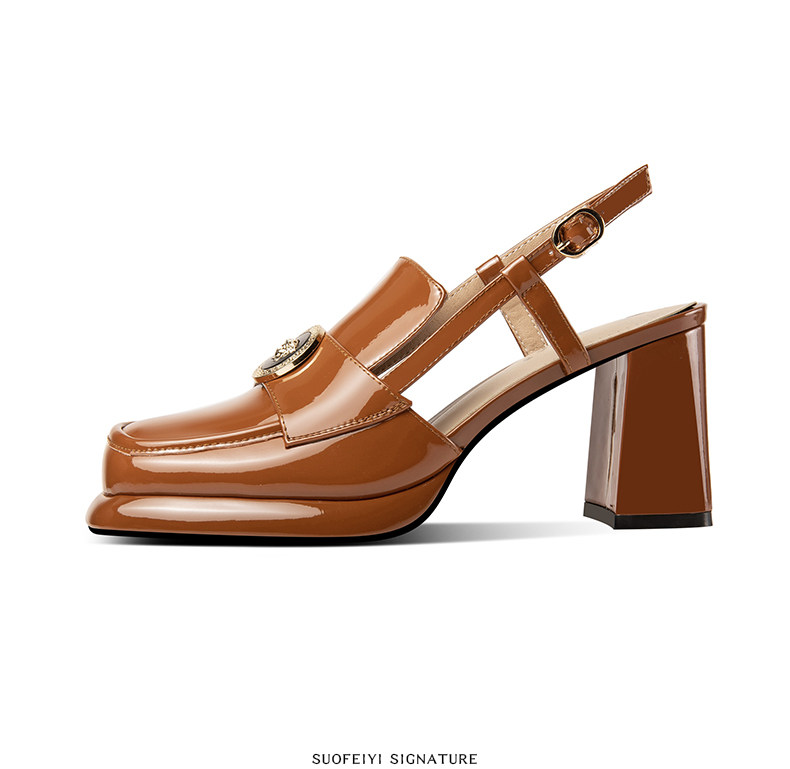 Sandal cao gót nữ hở mũi mũi vuông da bóng gót dày 5-8 cm — Màu Caramel, Màu Đen chi tiết 7