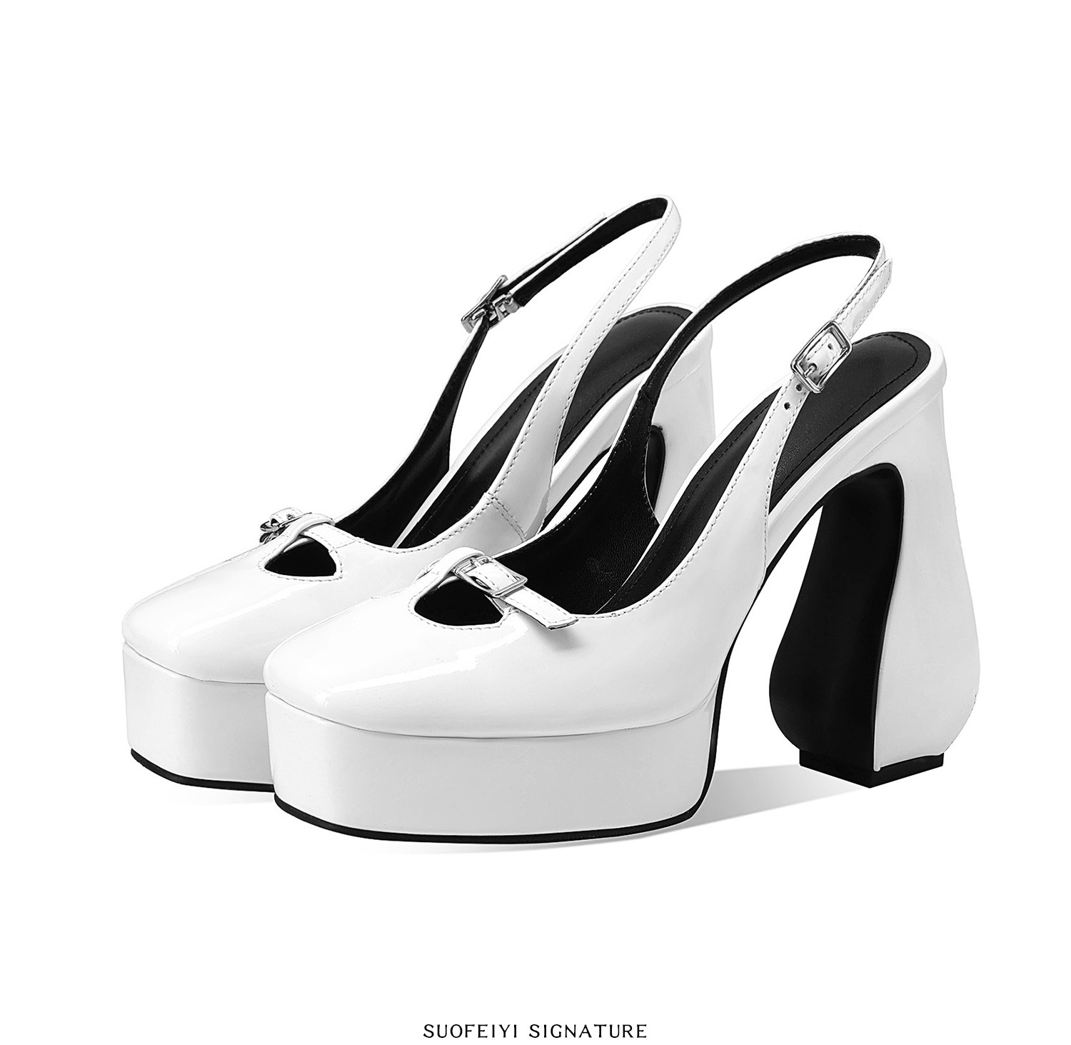Sandal cao gót nữ mũi vuông đế xuồng chống nước — Đen, Trắng chi tiết 9