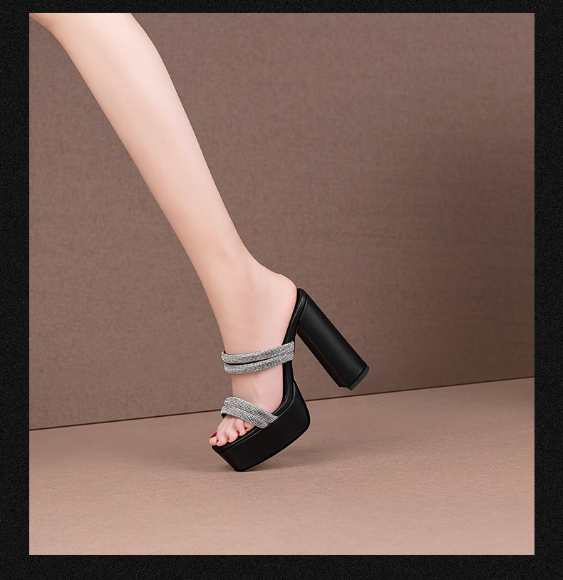 Sandal cao gót nữ đính đá mũi vuông hở mũi gót vuông dày — Đen, Be chi tiết 4