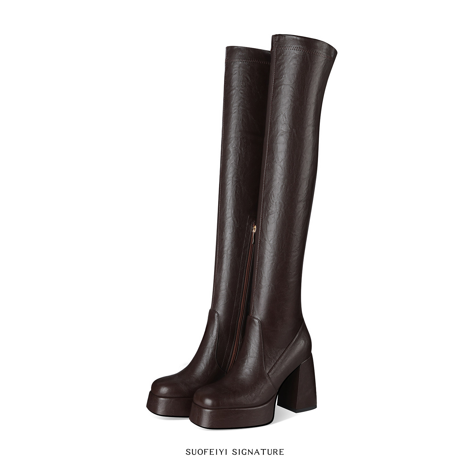 Boot nữ cổ cao ôm bắp chân gót cao dày đế tăng chiều cao — Đen, Nâu chi tiết 9