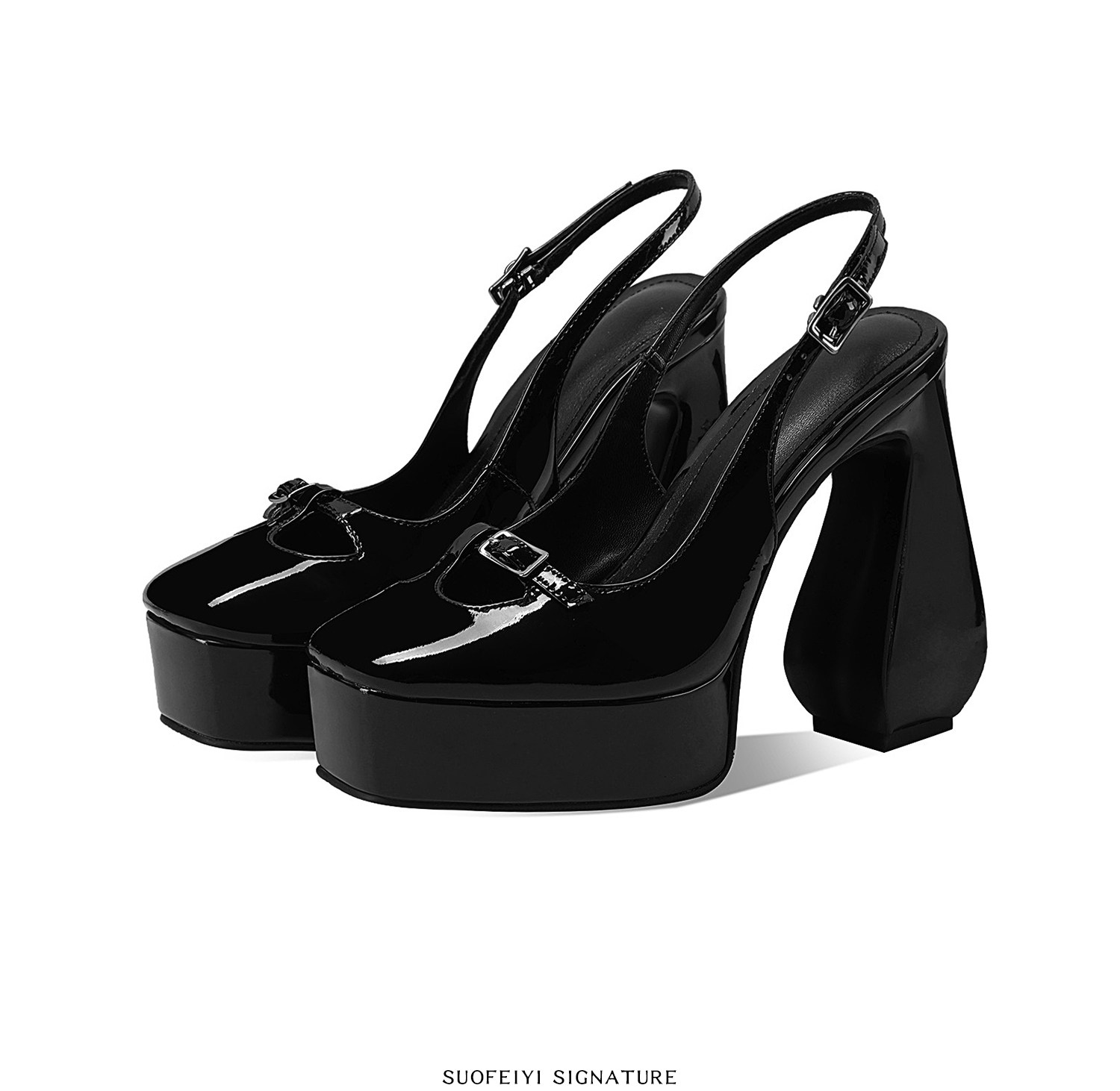 Sandal cao gót nữ mũi vuông đế xuồng chống nước — Đen, Trắng chi tiết 5