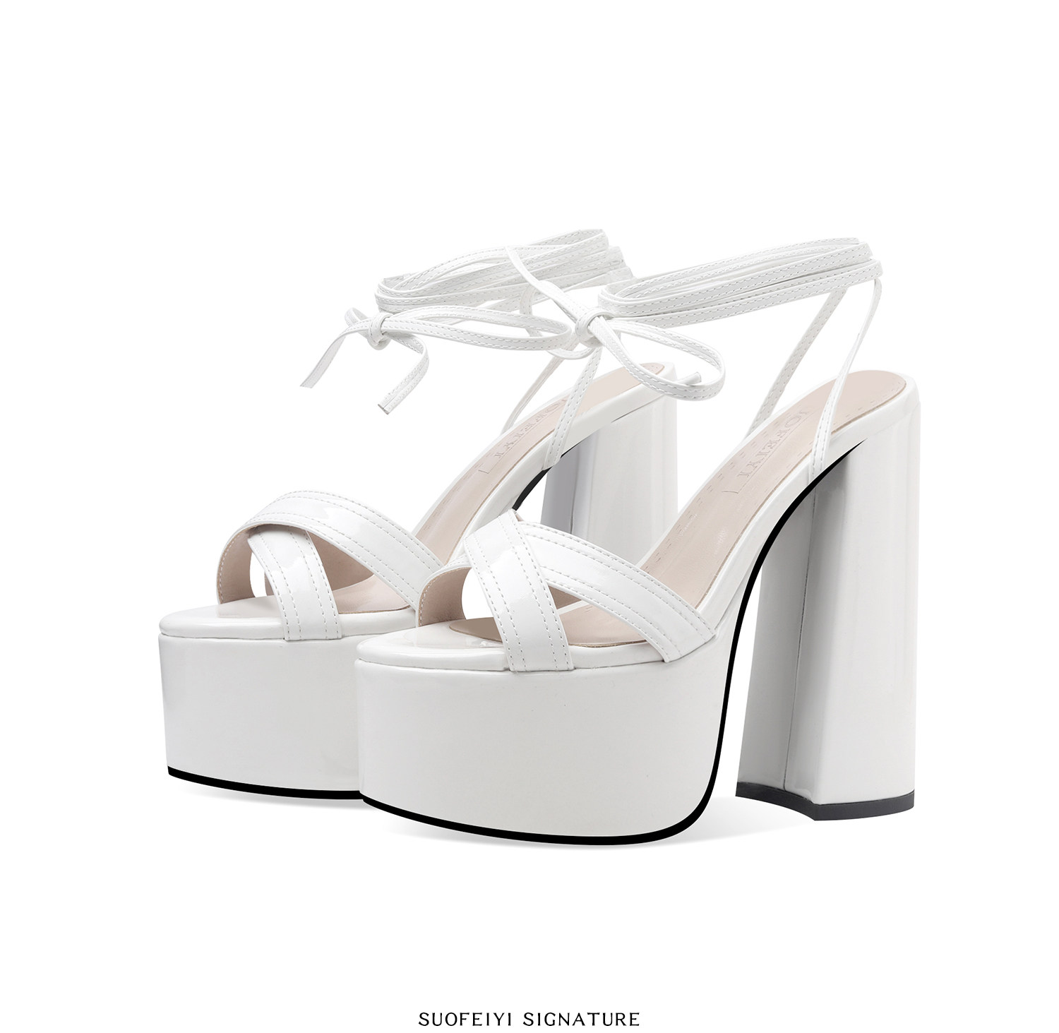 Sandal cao gót nữ quai chéo đế dày phong cách châu Âu — Đen, Trắng chi tiết 9