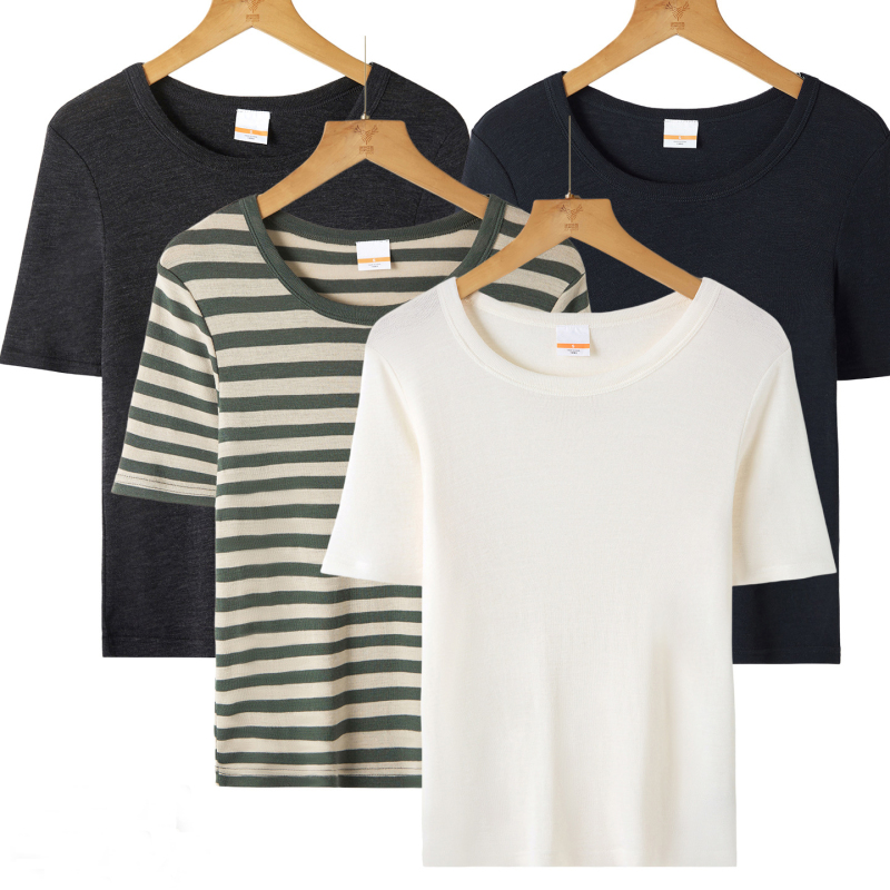 Merino Wool Short-Sleeved Striped Merino 100% Wool Outdoor Sports Moisture-Wicking Women's Round Neck T-Shirt