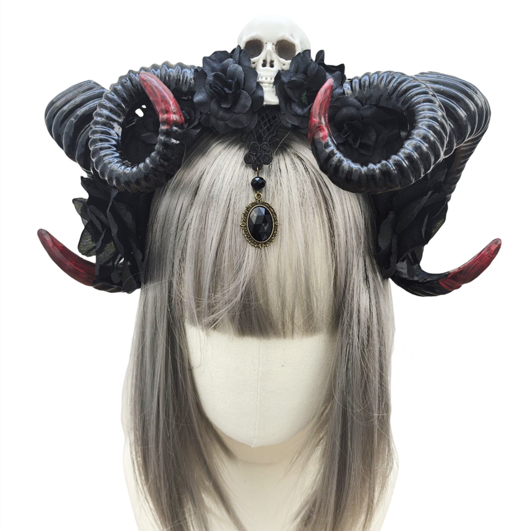 Gothic dark style sheep horn headband punk skull headband veil festive prop hair accessory
