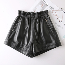 2021 new leather leather pants womens autumn and winter slim waist elastic waist loose sheep leather shorts A- shaped wide leg pants