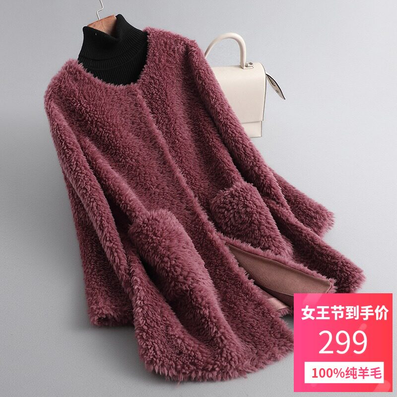 2021 new henning sheep cut velvet big coat woman medium long version grain fur integrated round neckline lamb fur straw jacket