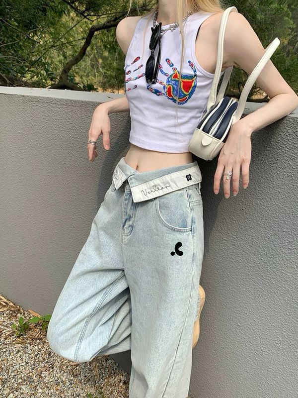 [Rr Restrecrtion] New Style Light Blue Jeans with Letter Print and Cuffed Waistband Design, Straight Wide-Leg Fit