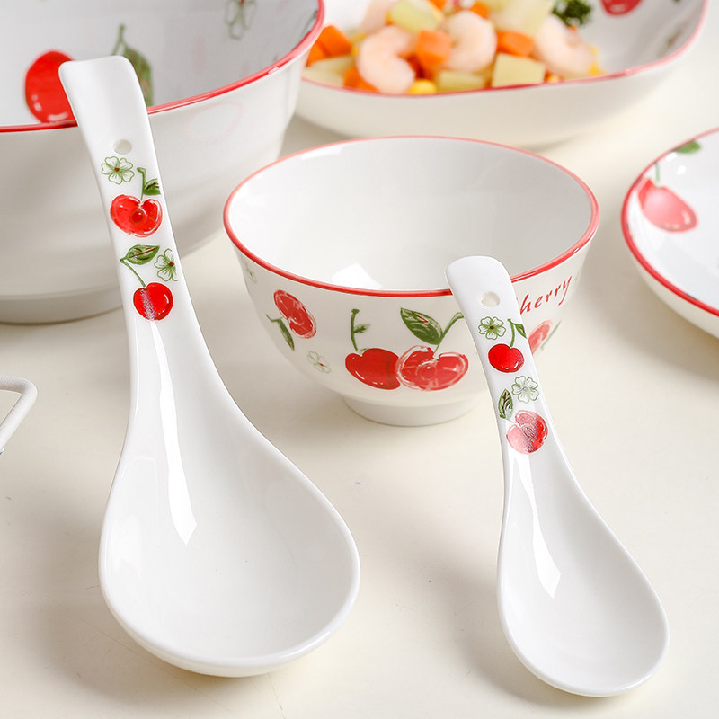 Ceramic cute household porridge spoon long handle drink soup spoon large spoon spoon spoon rice spoon creative underglaze
