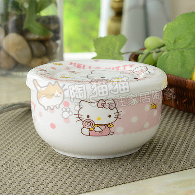 Ceramic Bowl Cartoon Cutlery with porcelain cover Microwave Lunch Box Rice Bowl Rice Water Stop Saucepan Steamed Egg Sweet Soup Bowl