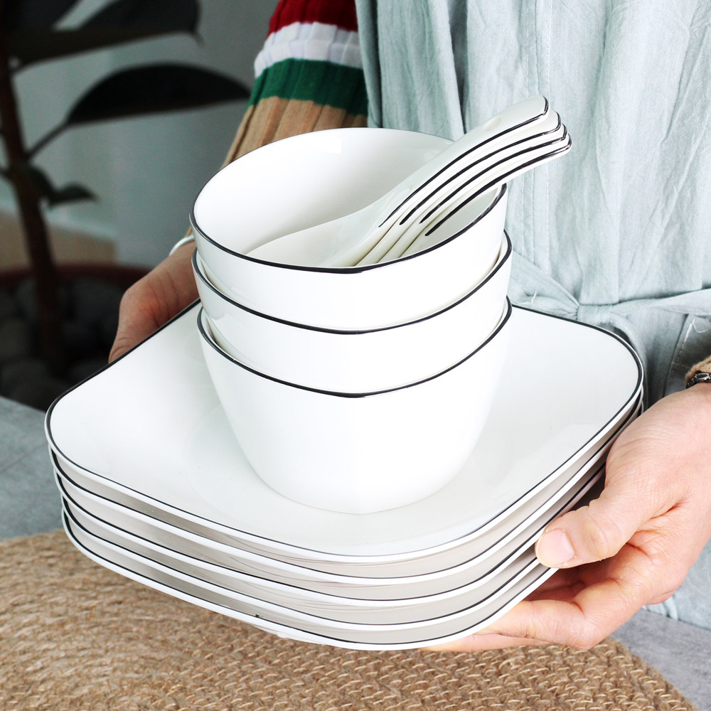 Ceramic dishes Dish Home Square round pan Sub-Nordic minimalist cutlery 4 people Eat Black Side Soup Bowl Rice Fruit Bowl