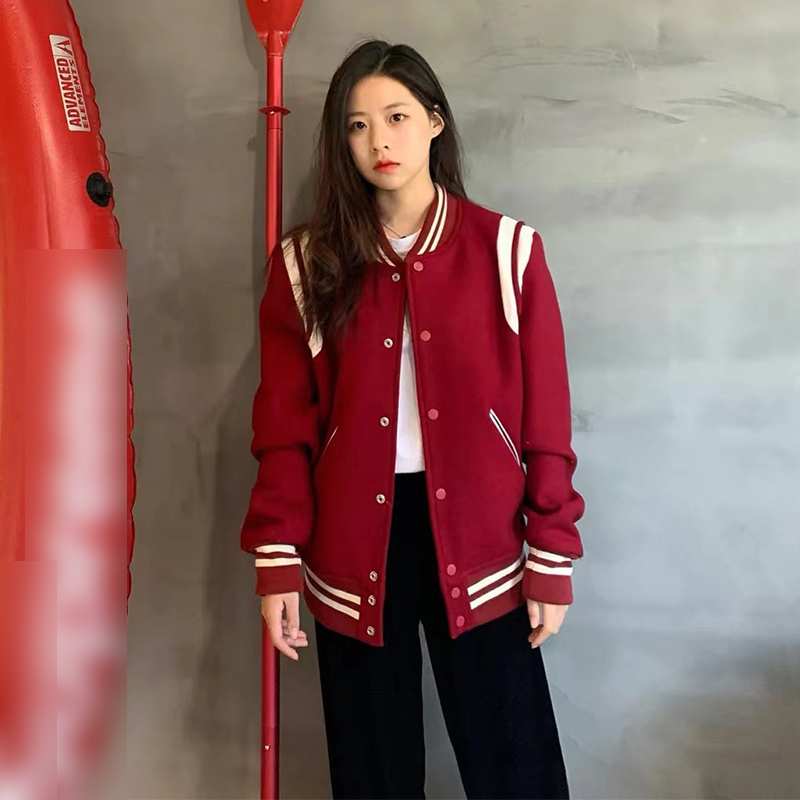 Autumn and Winter Thickened Cotton Coat, Burgundy Baseball Jacket, Men's Trendy Niche Flight Jacket, Casual Loose-Fitting Couple's Outerwear Autumn and Winter Thickened Cotton Coat, Burgundy Baseball Jacket, Men's Trendy Niche Flight Jacket, Casual Loose-Fitting Couple's Outerwear