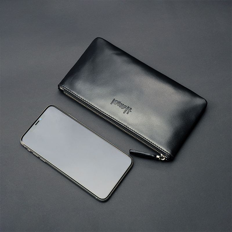 Zipper Long Wallet Genuine Leather Soft Leather Men's First Layer Cowhide Clutch Women's Wrist Apple 15 Phone Bag Integrated Bag