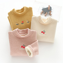 Girls plus velvet base shirt autumn and winter baby warm inside high collar child T-shirt one baby knitted top