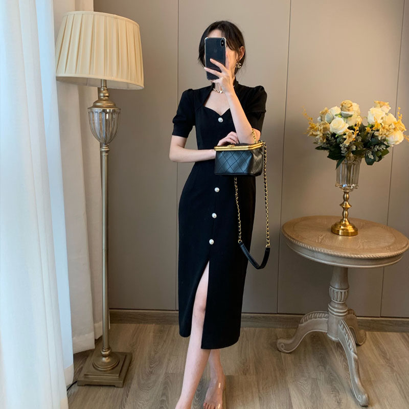 Spring and summer new French retro dress Heben small black dress with slim and thin Yuan-yuan-style square skirt open long skirt