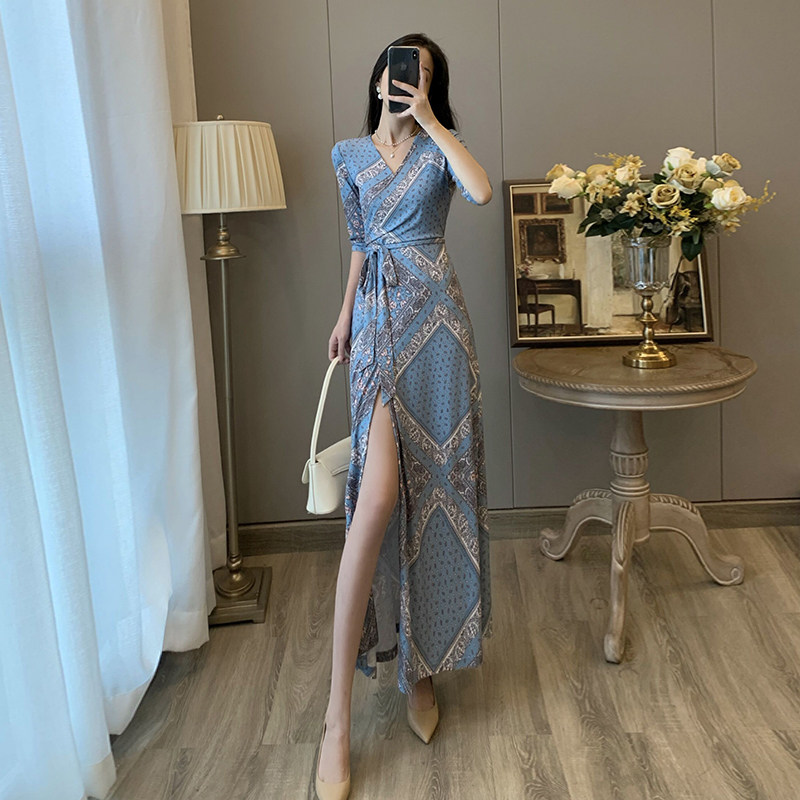 2023 Spring Summer new collection waist Skinder with slim open fork V collar Broken Flowers Wrap dress Skirt Temperament Long Dress Holiday Tandem Dress 