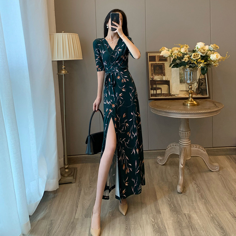 2022 spring and summer new style waist slimming slim slit V-neck floral wrap skirt temperament long skirt holiday dress
