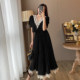 French retro Hepburn style black dress high-end temperament high-waisted thin and fragrant two-piece suit female summer