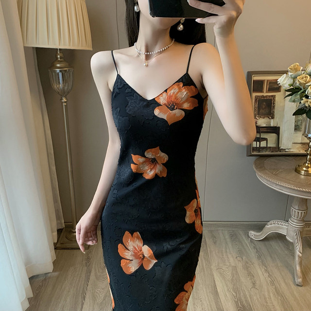 French retro floral skirt suspender dress chiffon skirt slim waist slim temperament long long skirt female summer