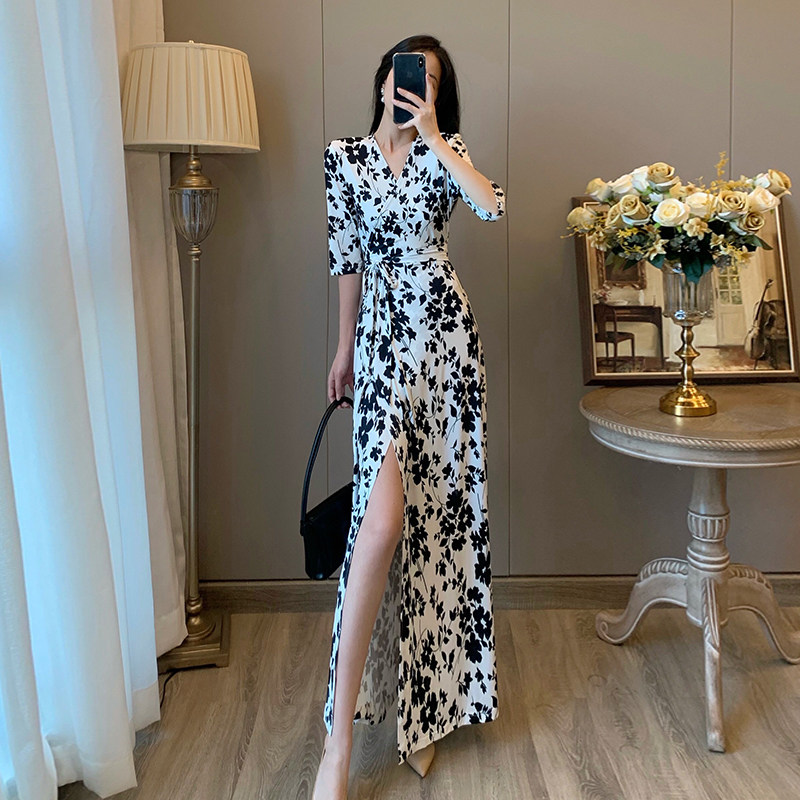 2023 spring and autumn new style temperament collection waist and body slim open fork V collar crushed flower wrap body dress with dress long skirt 