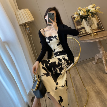 French retro floral skirt suspender dress cardigan two-piece suit niche high-end temperament long skirt female summer