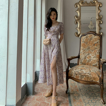 Floral skirt French retro niche slim slim temperament oil painting purple square collar puff sleeves split dress summer
