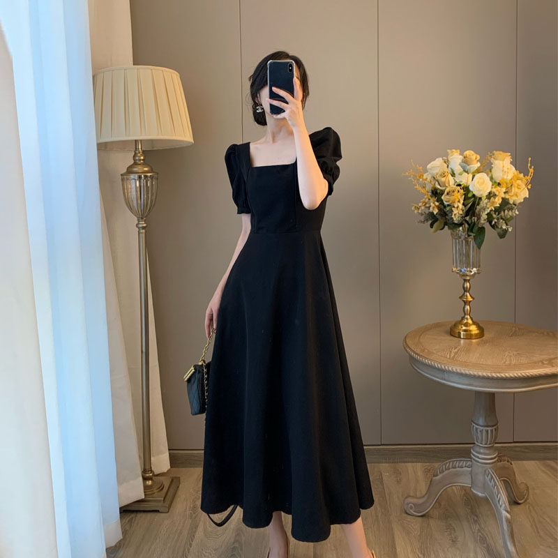 Black dress female 2022 summer new square collar French retro Hepburn style temperament slim slim dress