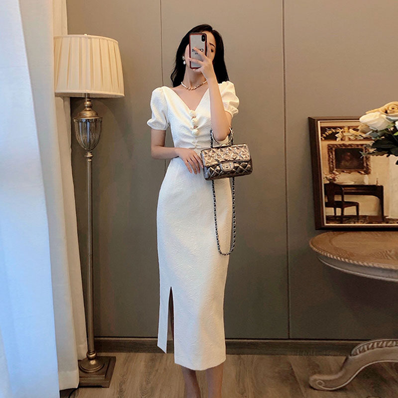 French retro niche elegant slim waist thin temperament long skirt white gentle wind v-neck dress female summer