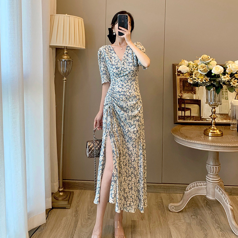 Floral V-neck Chiffon Dress French Retro Niche Tea Break Dress Slim Slim Slim Waist Slit Temperament Long Dress