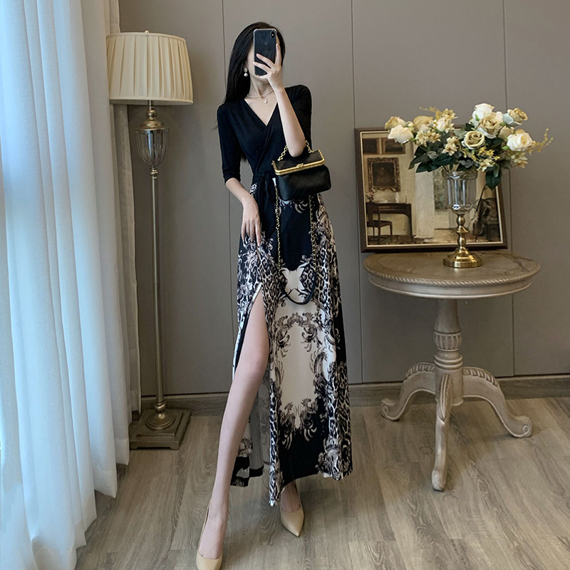 Early spring new French waist slimming slim split V-neck floral wrap skirt black temperament long skirt dress