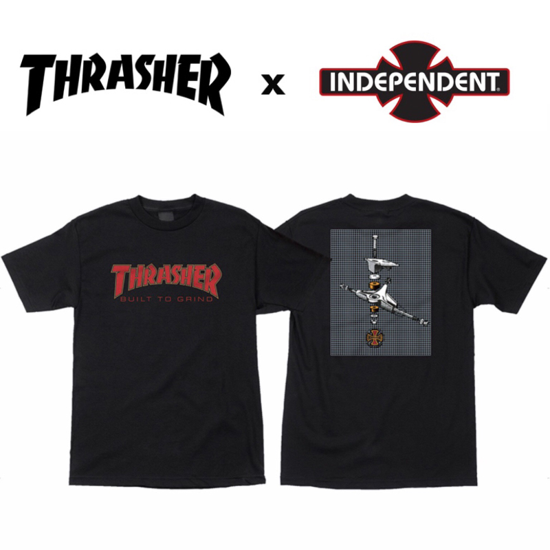 Indipendent Thrashers joint skateboard short sleeve T-shirt round collar black and white grey red 1985 skateboard
