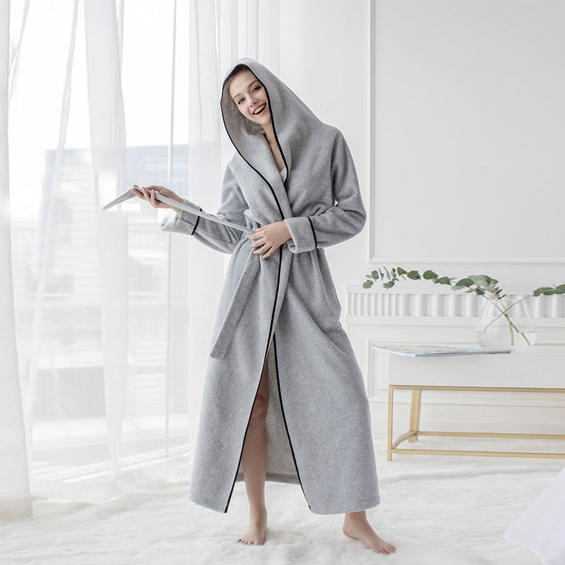 Youthful Ying Tao Style Nightgown for Women, Couple Style, Autumn and Winter Long Bathrobe with Hood, Plus Size, High-End Feel Sleepwear Robe