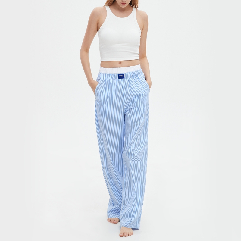Double Waistband Design Pure Cotton Striped Wide-Leg Pants Loose Straight-Leg Pants Casual Long Pants Women's Outerwear Home Pants Sleep Pants