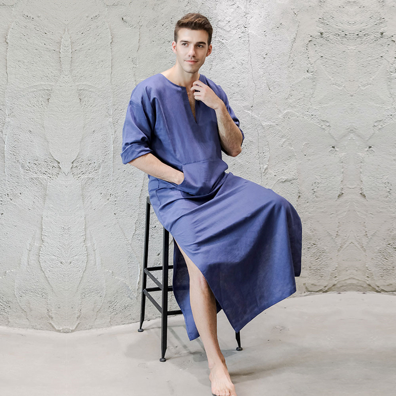 Natural Linen Cotton Summer Thin Robe Men's Long Jacket Ancient Style Retro Men's Long Shirt Men's Skirt Hanfu