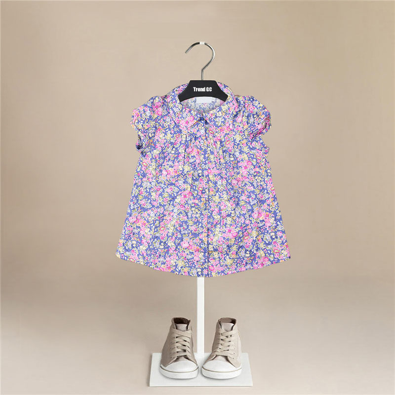 Girls baby doll collar foreign style shirt shirt short-sleeved summer baby cotton purple floral top bottoming shirt tide - Taobao