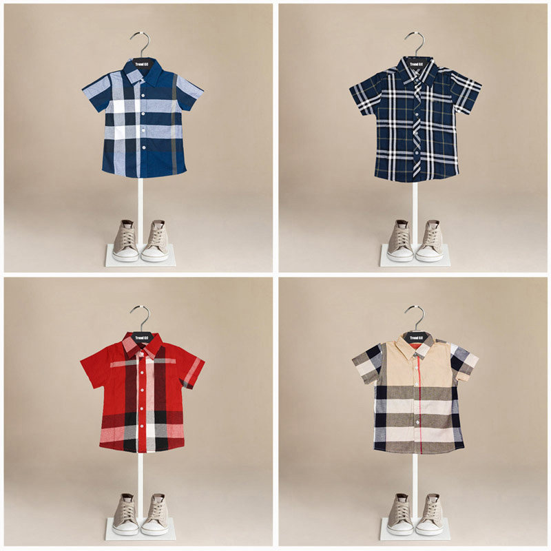 Children's clothing children's cotton plaid shirt thin boy British plaid shirt summer baby short-sleeved top Korean dress