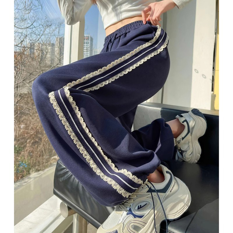 Milan Style Mdcw Navy Blue Lace Trim Sweatpants for Women, Autumn Loose Casual Design Striped Wide-Leg Joggers