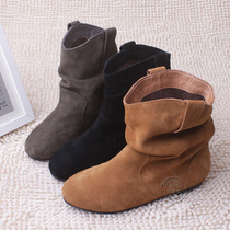 Short Boots Women Spring And Autumn 2020 New Short Barrel Scrub Leather Flat Bottom Autumn Flat Heel Pleated Fur Small Single Boots