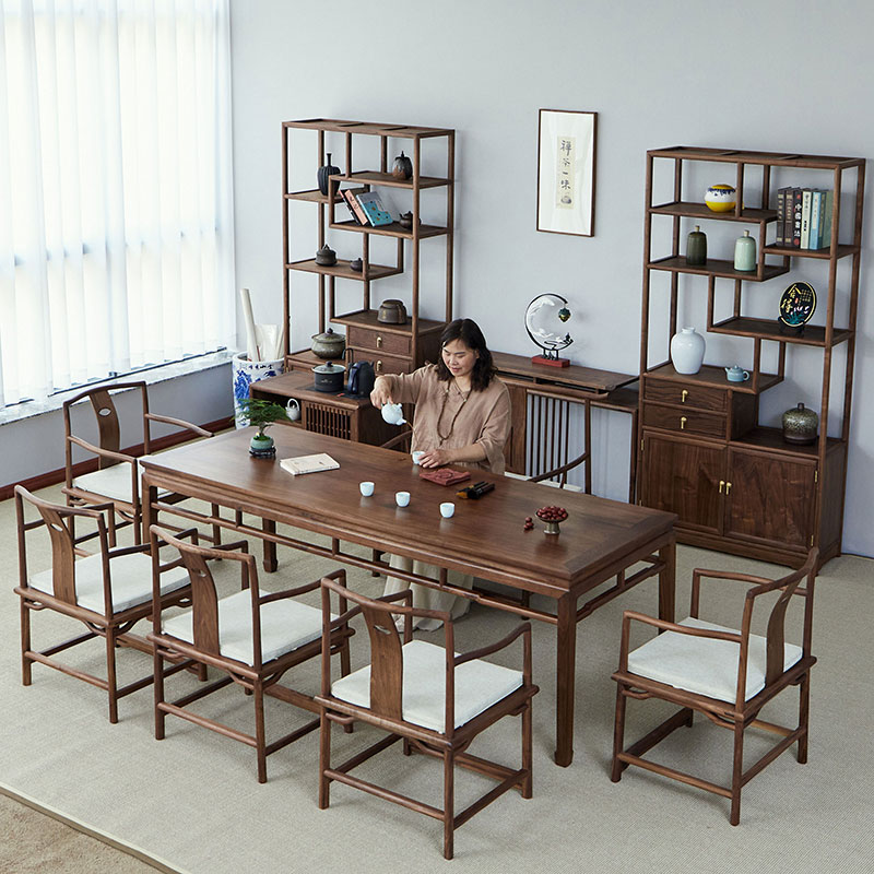 New Chinese tea table and chair combination Zen simple modern old elm Chinese tea table black walnut solid wood tea table