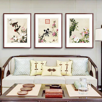 New Chinese living room background wall decoration painting Lang Shining flower and bird painting triple painting entrance restaurant modern hanging painting