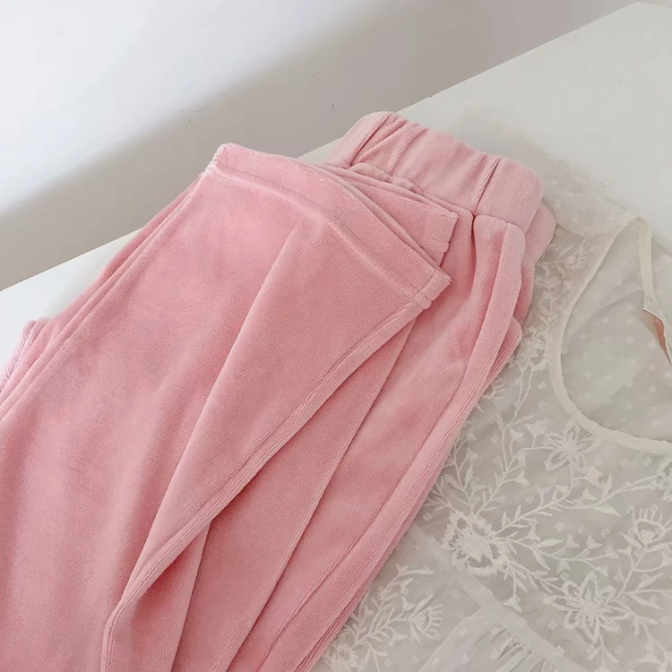 Dày mùa xuân và mùa thu ngọt ngào có thể mặc quần âu phụ nữ đơn giản màu đơn giản ở nhà quần pyjama quần cô gái màu hồng nhạt - Quần tây