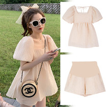 Pregnant womens summer suit fashion model 2021 new belly does not show short sleeves Net red age two-piece summer