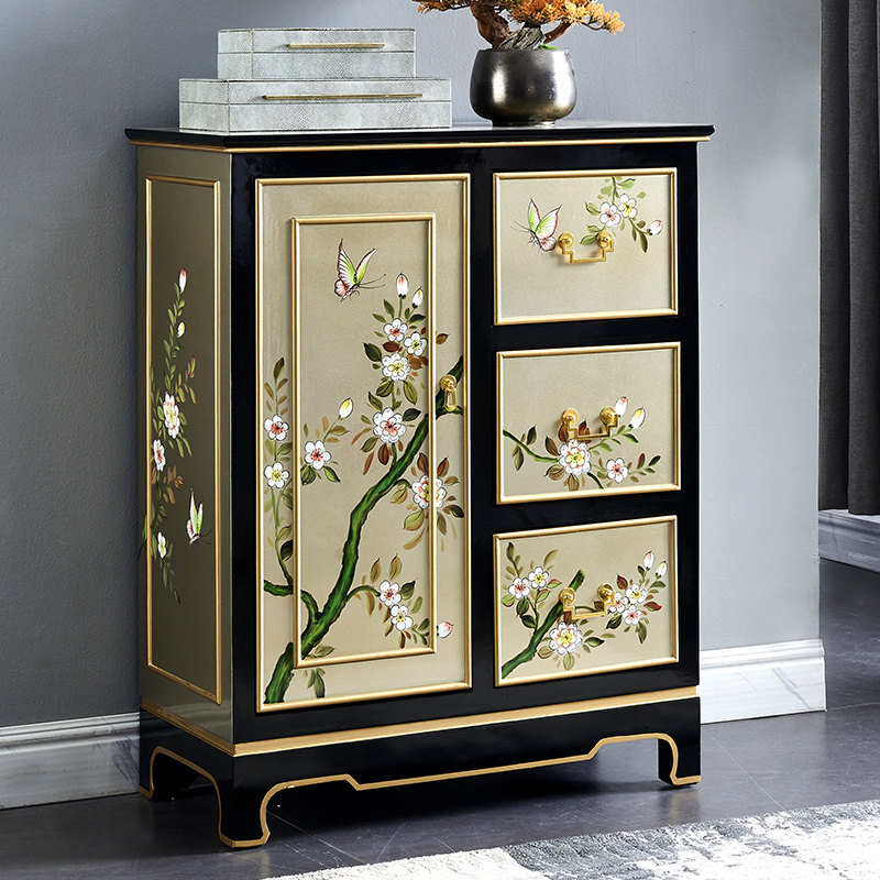 New Chinese style silver foil hand-painted solid wood porch cabinet simple and modern entrance hall cabinet light luxury dining side cabinet decorative side cabinet