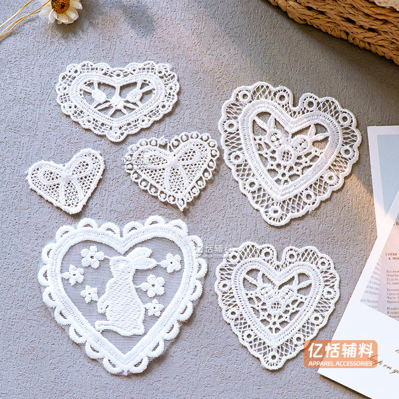 Cute Rabbit Heart-Shaped Fabric Patch Transparent Mesh Lace Hollow Heart White Handmade DIY Embroidery Patch Accessories Cute Rabbit Heart-Shaped Fabric Patch Transparent Mesh Lace Hollow Heart White Handmade DIY Embroidery Patch Accessories