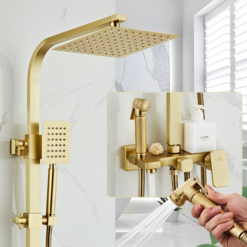 Nordic light luxury brushed gold shower shower set bathroom full copper main body European bath shower shower head