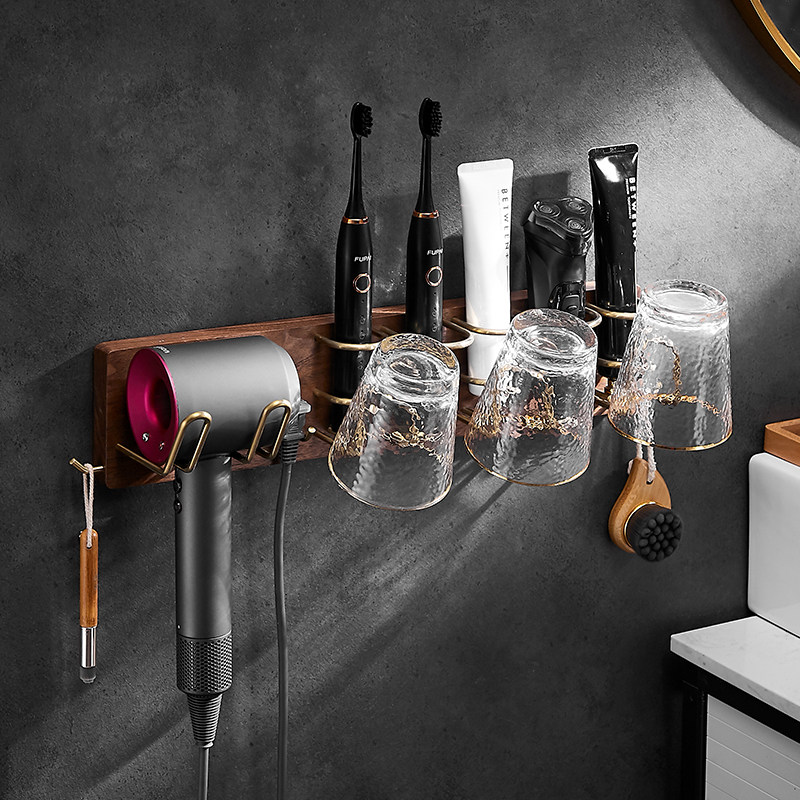 Solid wood universal hair dryer holder free punch electric toothbrush holder wall hanging bathroom toothpaste toothpaste tooth cup gargle cup shelf