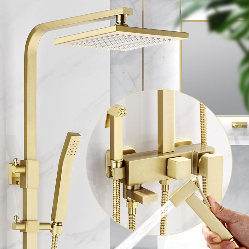 Nordic Light Lavish Wire Drawing Gold full copper shower suit Lift hot and cold shower Home Rain shower thermostatic faucet 