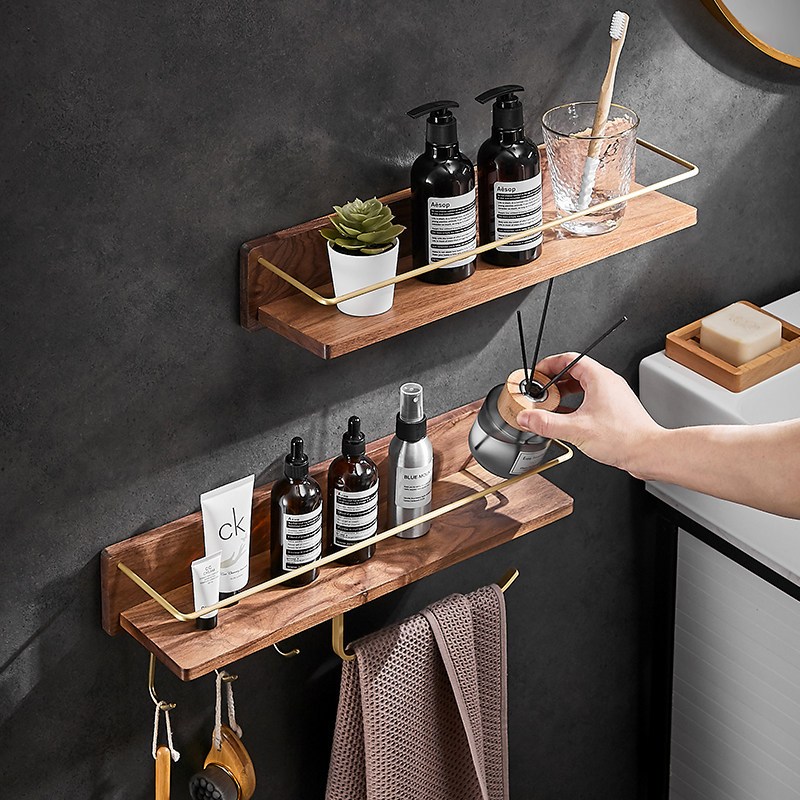 Walnut solid wood toilet rack-free towel frame hook wall hanging bathroom mirror cosmetic collection rack